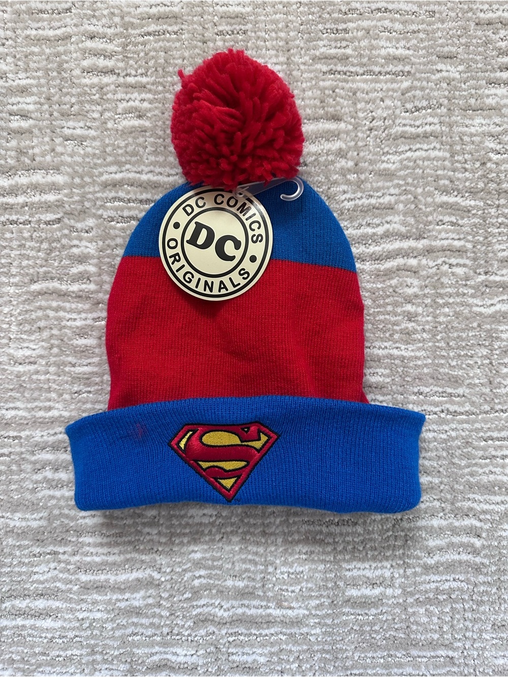 DC Comics Red and Blue Superman Pom Pom Beanie
